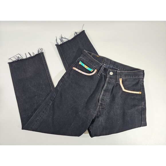 DMS Women's 27x32 Vintage Levi's 501 Black Painted Embellished Black Jeans Denim - Picture 2 of 11
